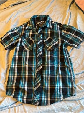 Helix Teal, Black and White Plaid Short-Sleeve Button-Down Shirt